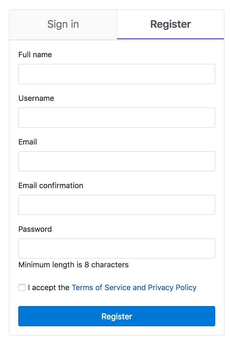 New account form with a mandatory terms acceptance checkbox