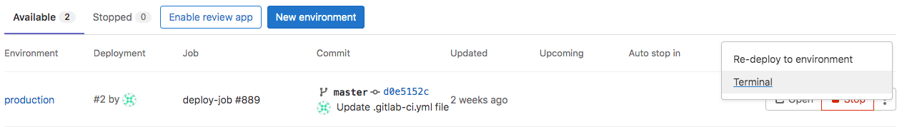 The Terminal button in the Actions dropdown list on the Environments page.