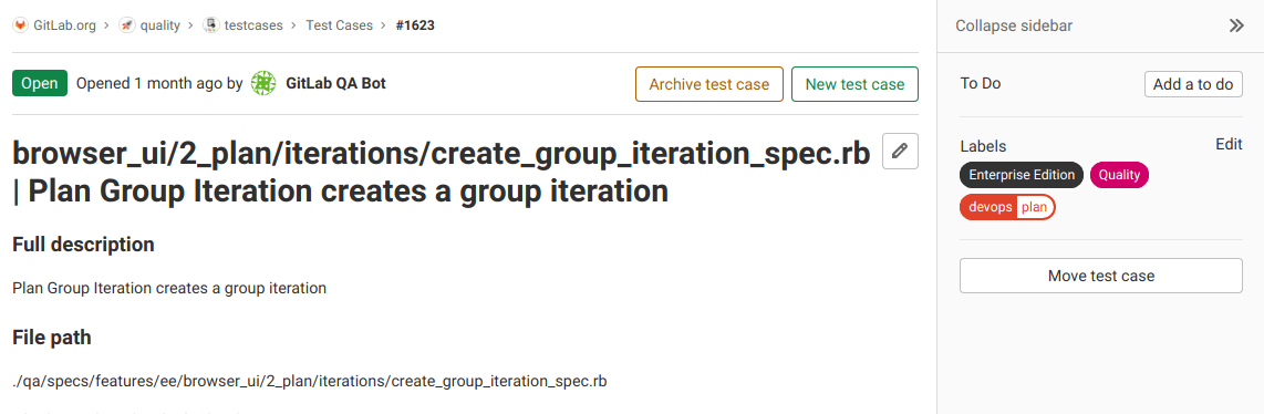 A test case page that shows the title, description, labels, and sidebar options.