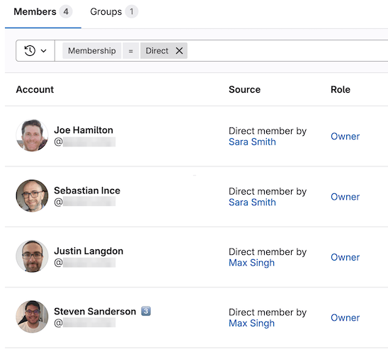 The group members list showing users eligible for Code Owner status.